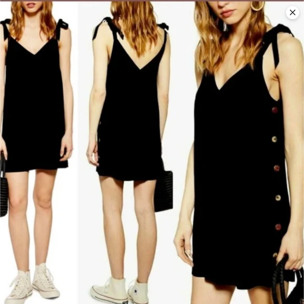 NWT Topshop Tilda Button Side Dress Black Bow Strap Size 10